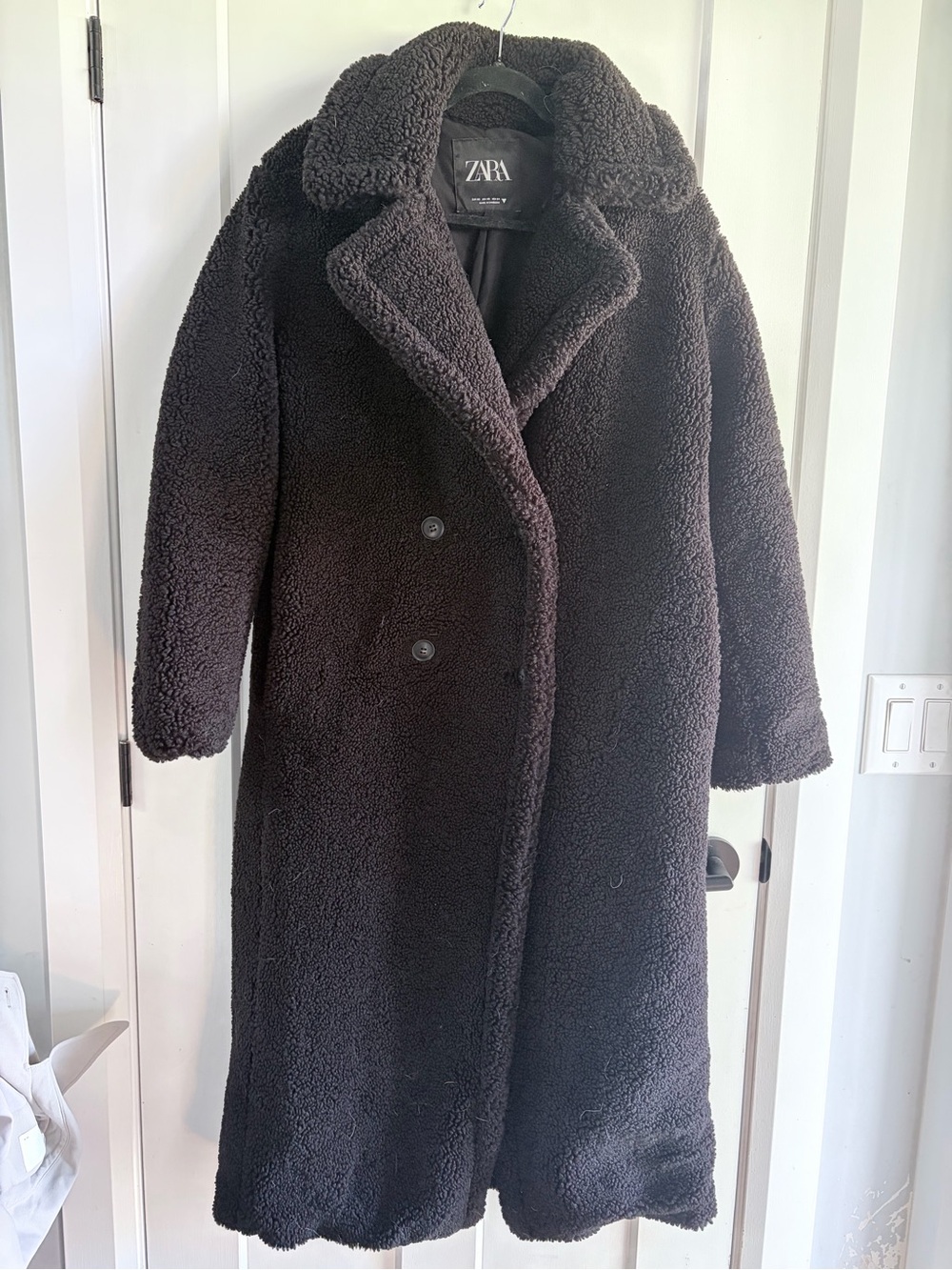 Zara Black Teddy Long Coat - Double-Breasted Plush Outerwear